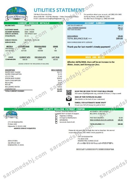 USA Florida City of Edgewater utility bill template in Word and PDF format